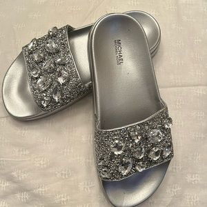 MICHAEL Michael Kors chunky embellished glitter silver slides.